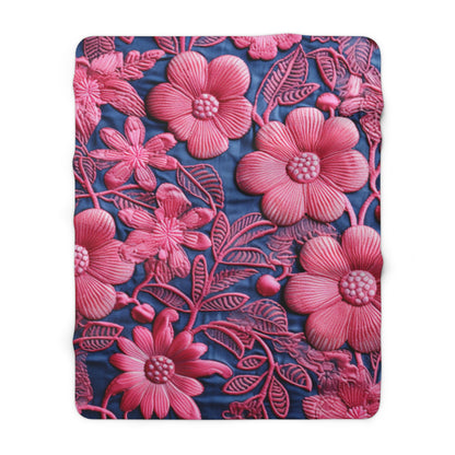 Denim Blue Doll Pink Floral Embroidery Style Fabric Flowers - Sherpa Fleece Blanket