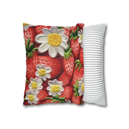 Strawberry Strawberries Embroidery Design - Fresh Pick Red Berry Sweet Fruit - Spun Polyester Square Pillow Case