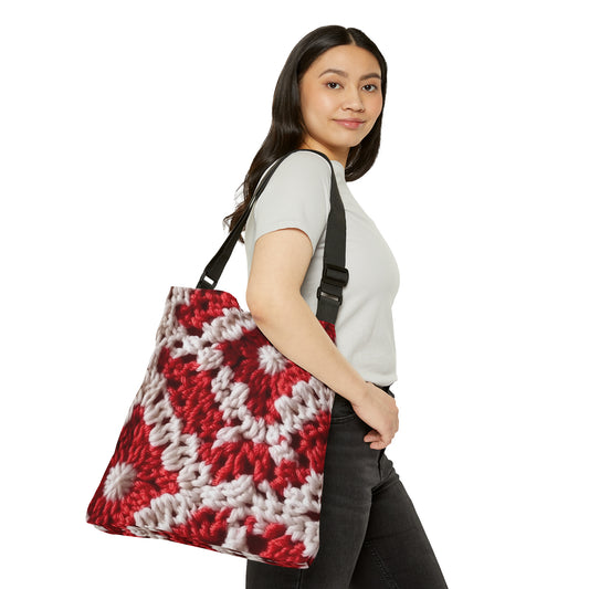 Warm Winter Red & White Crochet Knit: Cinematic Chic Texture Design - Adjustable Tote Bag (AOP)