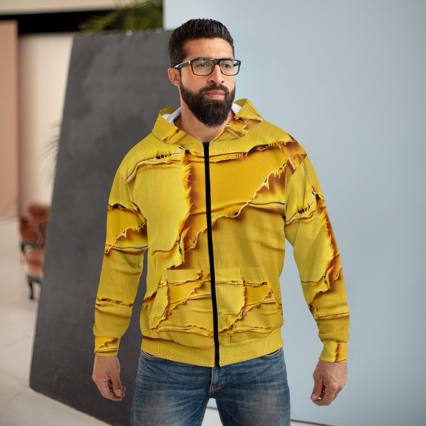 Banana Yellow Lemon: Bold Distressed, Denim-Inspired Fabric - Unisex Zip Hoodie (AOP)