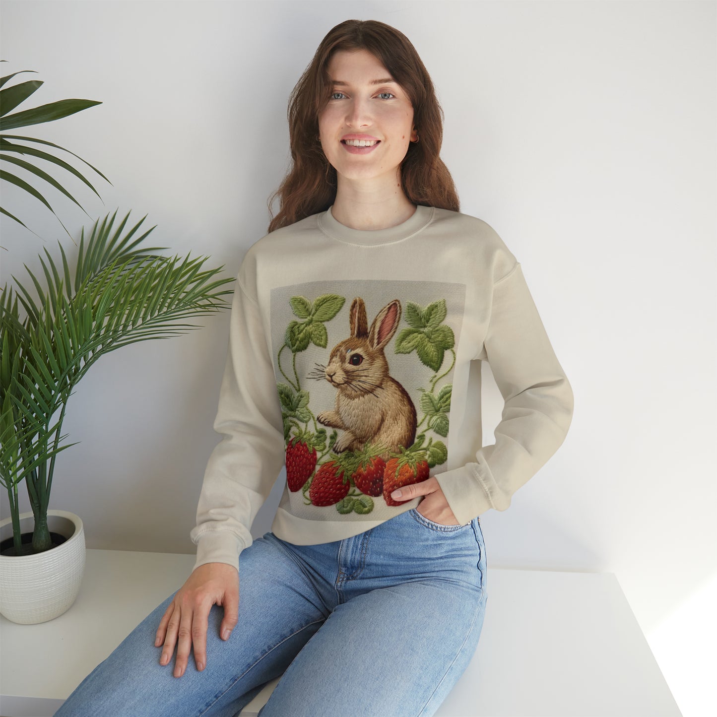 Strawberry Bunny Rabit - Embroidery Style - Strawberries Fruit Munchies - Easter Gift - Unisex Heavy Blend™ Crewneck Sweatshirt