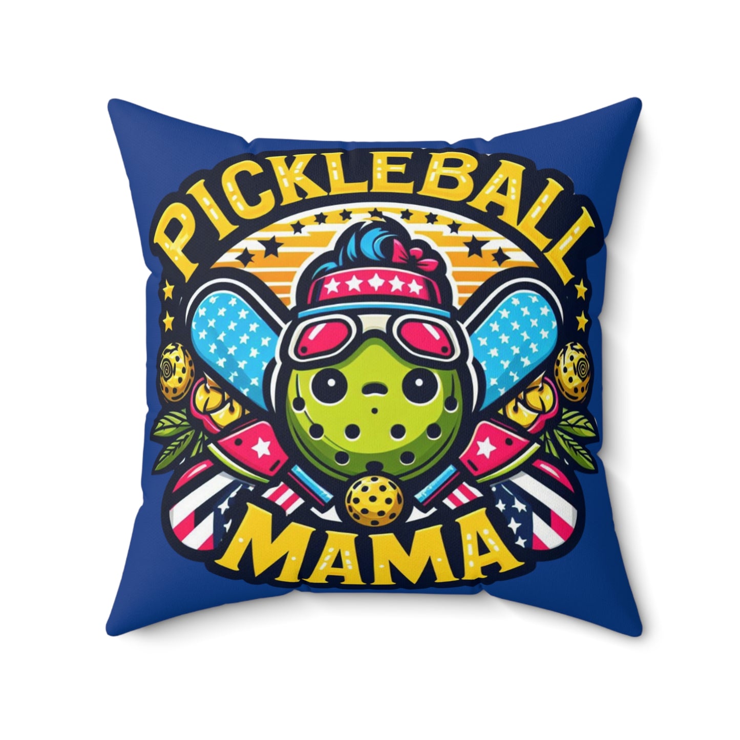 Pickleball Mama - Patriotic Sporty, Star-Spangled Athletic Graphic, Fun Pickleball Enthusiast - Spun Polyester Square Pillow