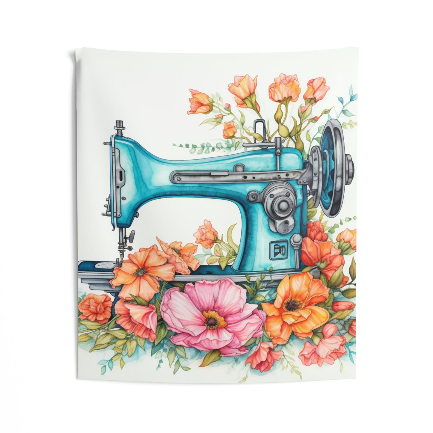 Aqua Blue Sewing Machine and Floral Watercolor Illustration, Artistic Craft - Indoor Wall Tapestries