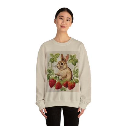 Strawberry Bunny Rabit - Embroidery Style - Strawberries Fruit Munchies - Easter Gift - Unisex Heavy Blend™ Crewneck Sweatshirt