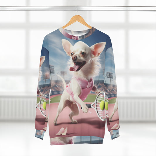 Chihuahua Tennis Ace: Dog Pink Outfit, Court Atheletic Sport Game - Unisex Sweatshirt (AOP)