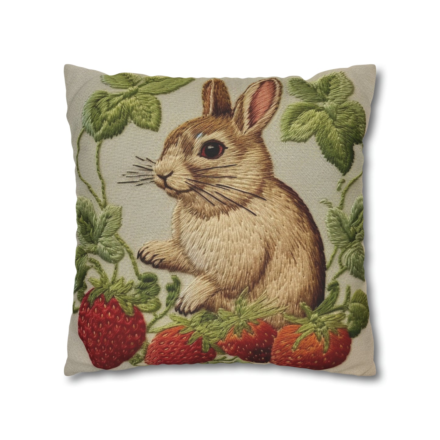 Strawberry Bunny Rabit - Embroidery Style - Strawberries Fruit Munchies - Easter Gift - Spun Polyester Square Pillow Case