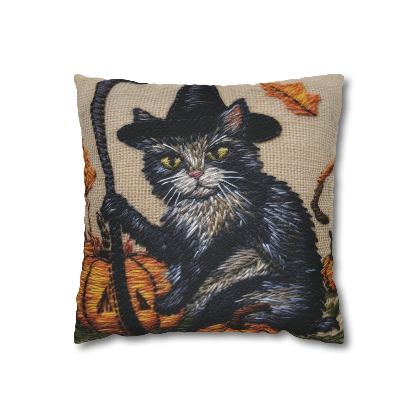 Halloween Cat Magic: Embroidered Style Feline with Pumpkins & Witch Hat - Spun Polyester Square Pillow Case