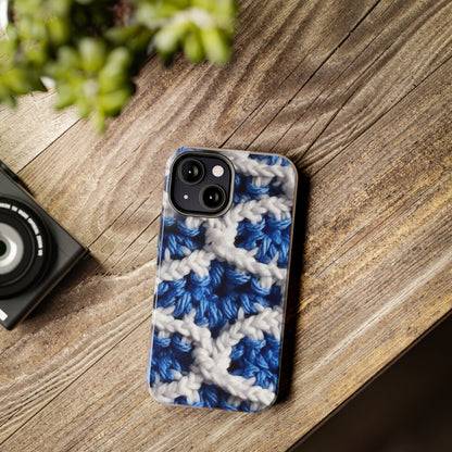 Blueberry Blue Crochet, White Accents, Classic Textured Pattern - Tough Phone Cases