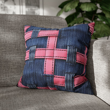 Candy-Striped Crossover: Pink Denim Ribbons Dancing on Blue Stage - Spun Polyester Square Pillow Case