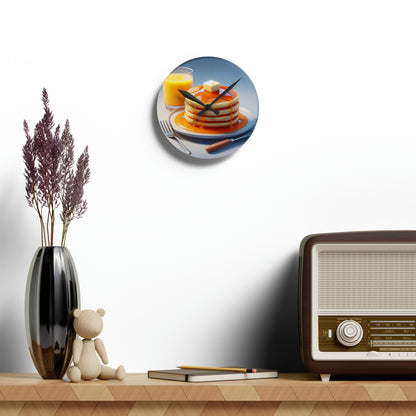 Breakfast  Acrylic Wall Clock - Fluffy Pancakes Stacked Plate, Golden Maple Syrup, Melting Butter, Glass of Orange Juice