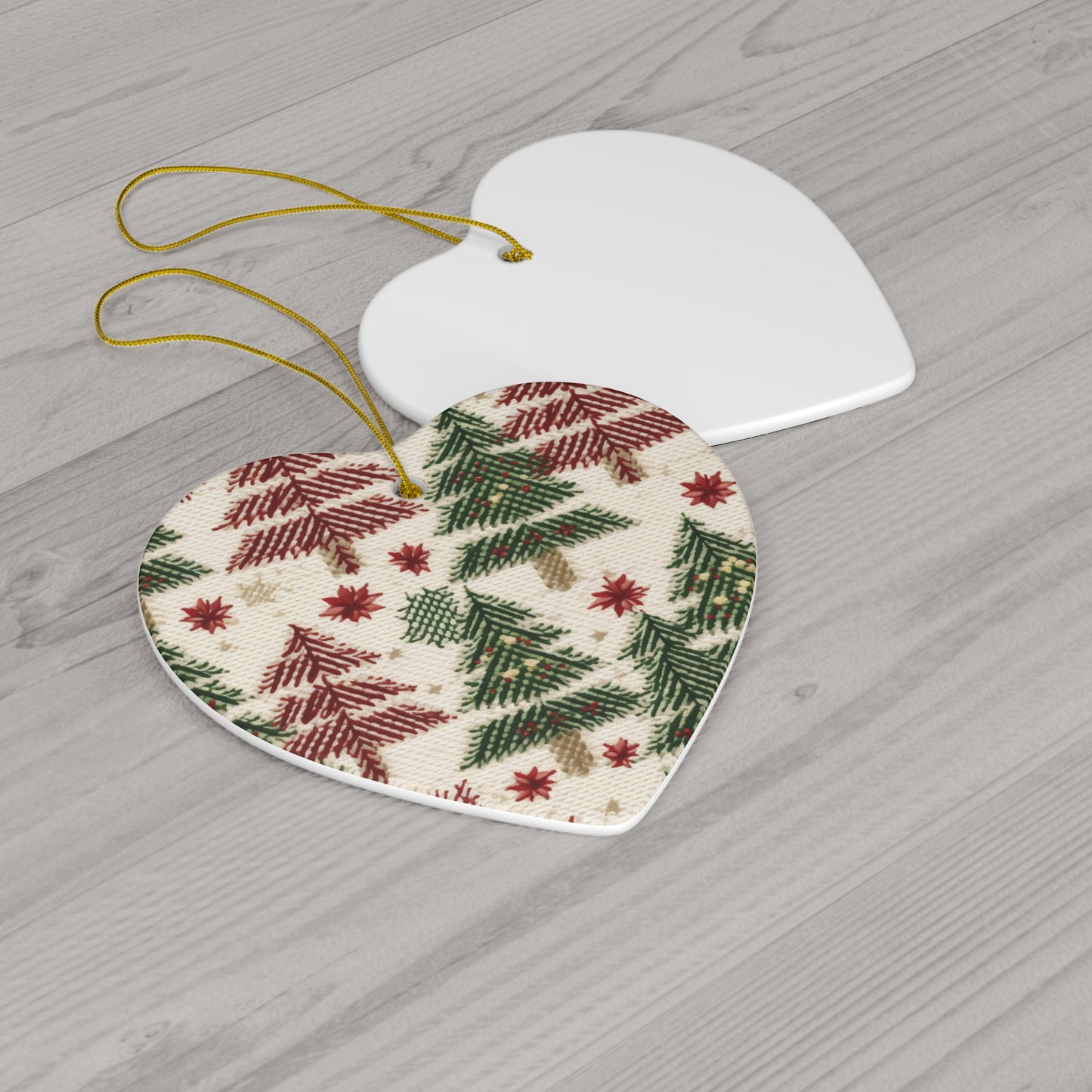 Embroidered Christmas Winter, Festive Holiday Stitching, Classic Seasonal Design - Ceramic Ornament, 4 Shapes