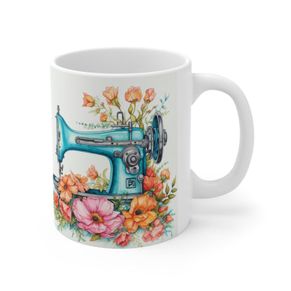 Aqua Blue Sewing Machine and Floral Watercolor Illustration, Artistic Craft - Ceramic Mug 11oz