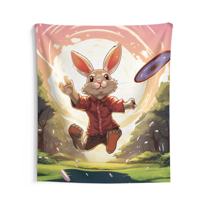 Disc Golf Rabbit: Bunny Aiming Frisbee for Basket Chain - Indoor Wall Tapestries