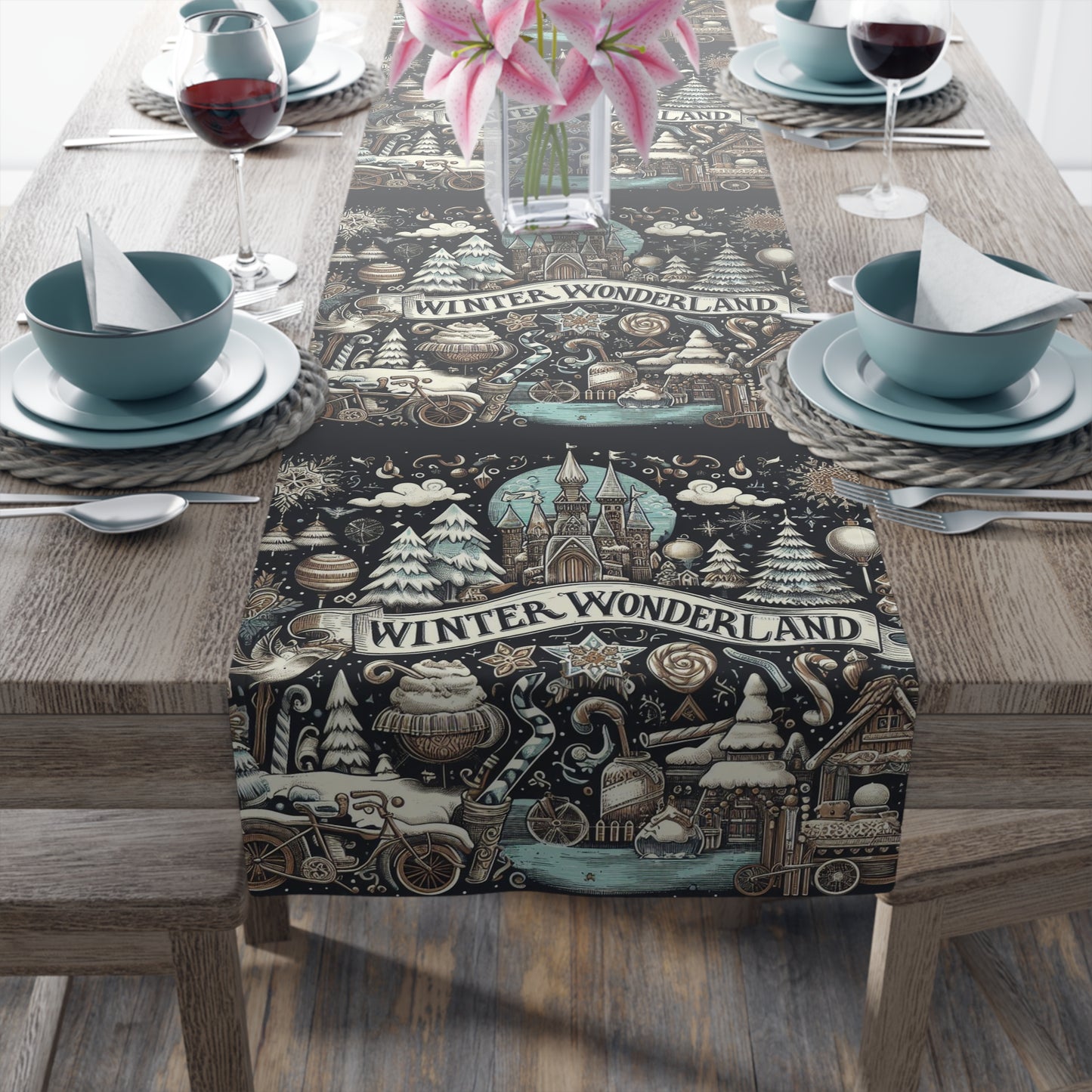 Winter Wonderland Enchantment: Nostalgic Christmas Snowscape with Majestic Castle and Festive - Table Runner (Cotton, Poly)