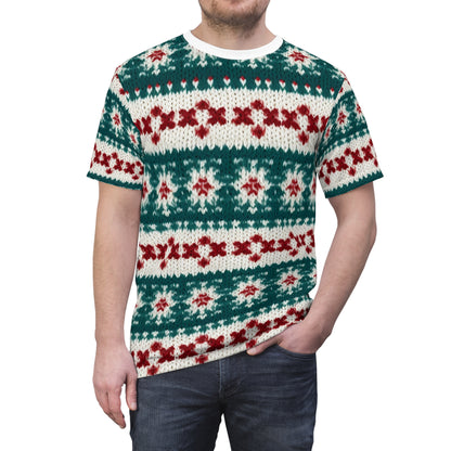 Christmas Knit Crochet Holiday, Festive Yuletide Pattern, Winter Season - Unisex Cut & Sew Tee (AOP)