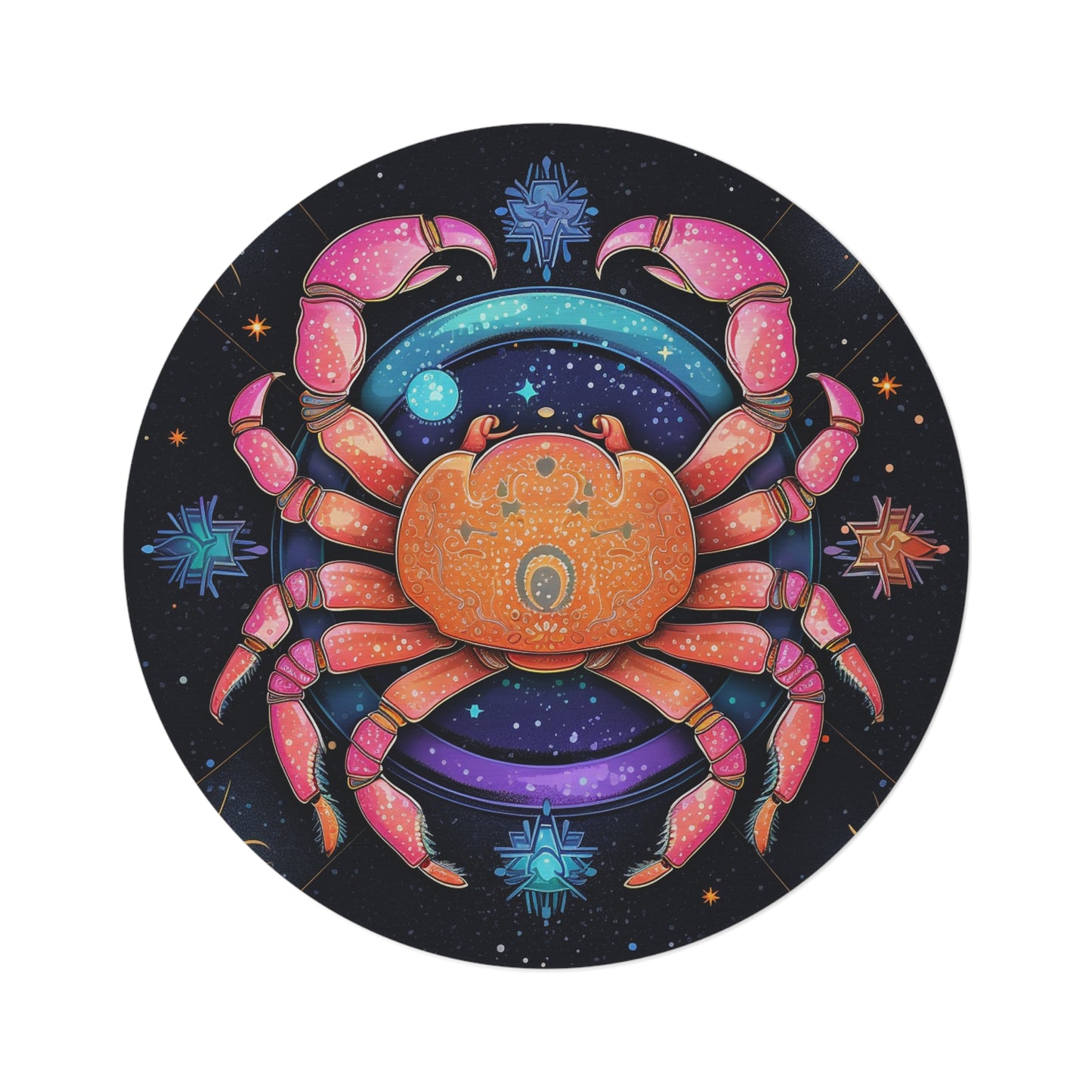 Rainbow Celestial Crab - Vibrant Cancer Zodiac Sign Art - Round Rug