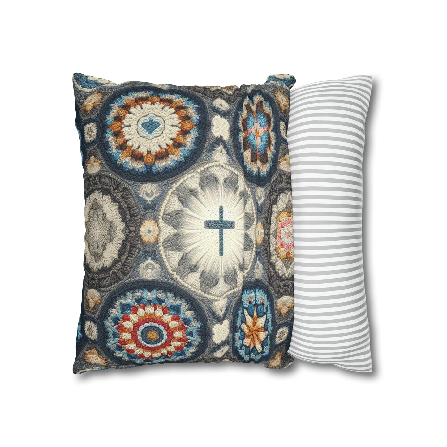 Bohemian Crochet Mandala with Centered Christian Cross - Earthy Tones Mosaic - Spun Polyester Square Pillow Case