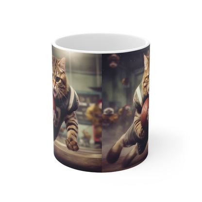 Football Field Felines: Kitty Cats in Sport Tackling Scoring Game Position - Ceramic Mug 11oz