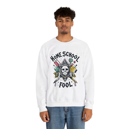 Home School Fool - Academic Skull Crest with Books and Globe, Educational Emblem, Scholarly Gothic - Unisex Heavy Blend™ Crewneck Sweatshirt