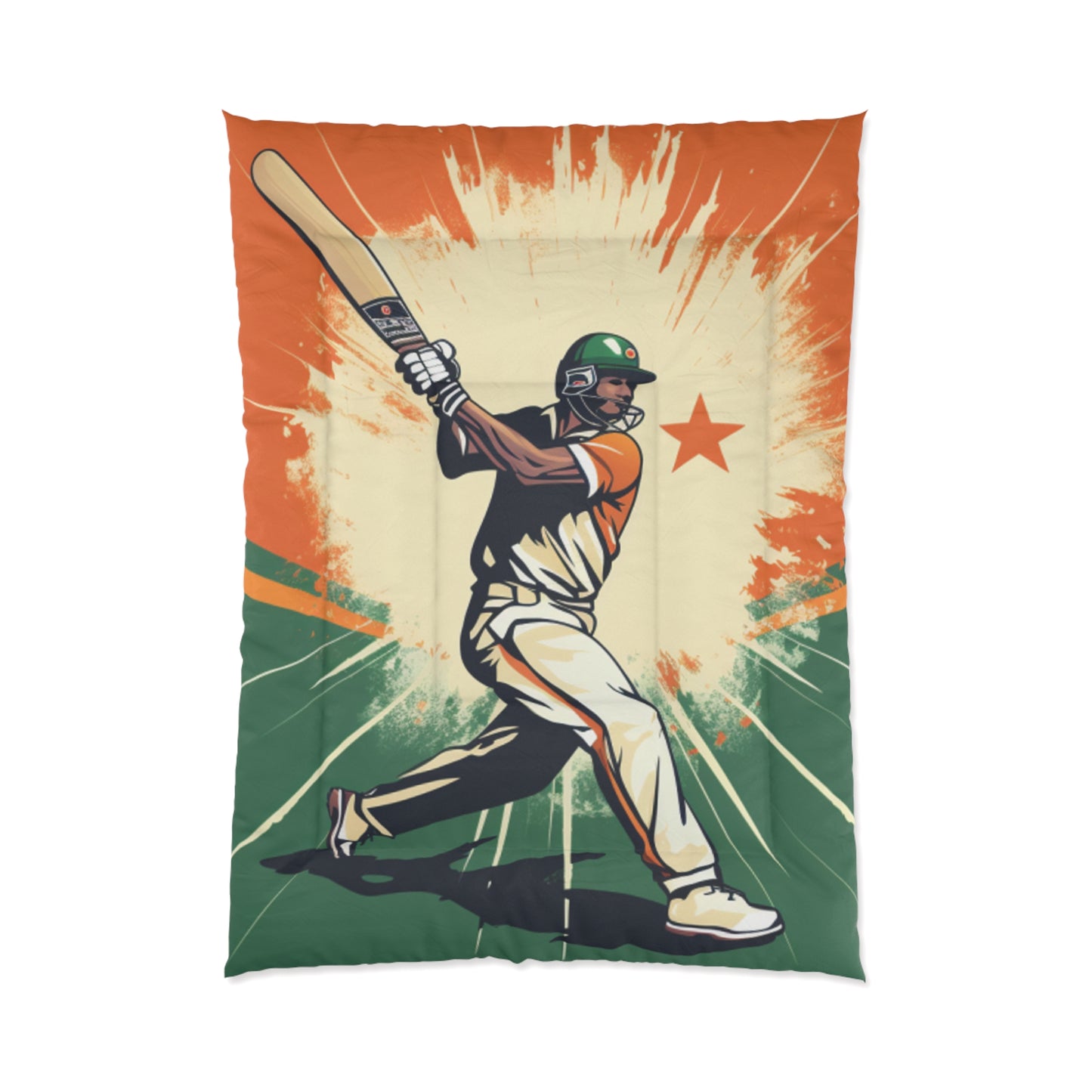 India Cricket Star: Batsman With Willow Bat, National Flag Style - Sport Game - Bed Comforter