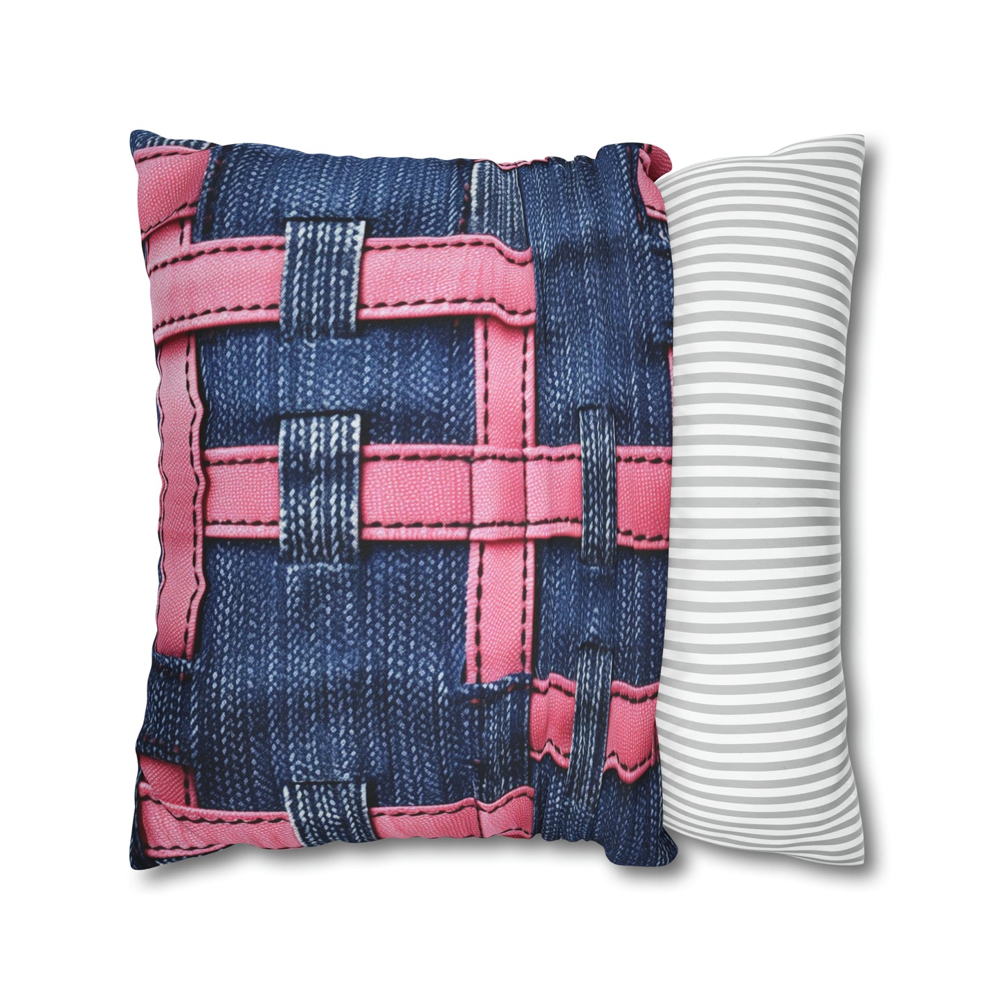 Candy-Striped Crossover: Pink Denim Ribbons Dancing on Blue Stage - Spun Polyester Square Pillow Case