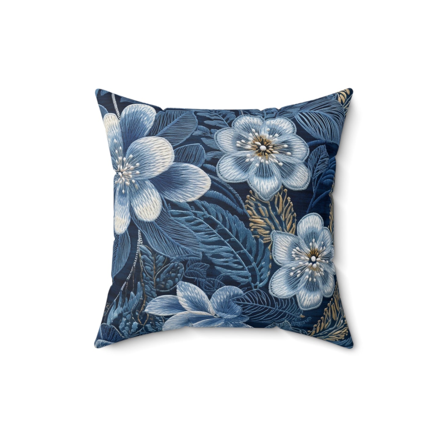 Flower Blossom Embroidery Floral on Denim Style - Spun Polyester Square Pillow