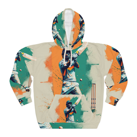 Cricket Batsman, Ball Strike, Indian Flag Color Background - Street Style - Unisex Pullover Hoodie (AOP)