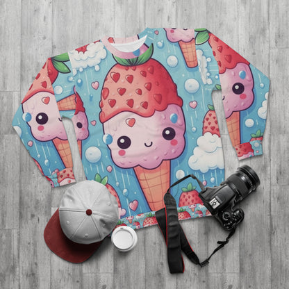 Cono de helado de fresa Kawaii - Delicia de postre de anime japonés tradicional - Regalo Otaku de bayas dulces - Sudadera unisex (AOP) 