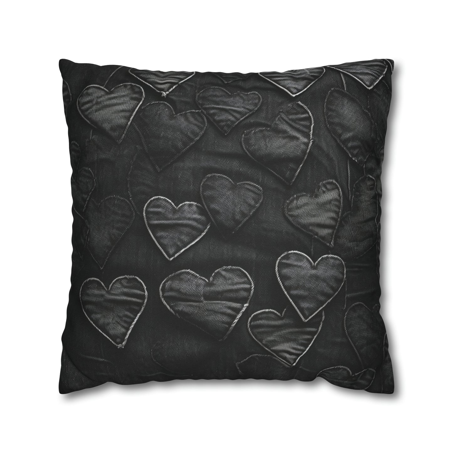 Negro azabache: diseño de bordado de corazón de tela inspirada en la mezclilla desgastada - Funda de almohada cuadrada de poliéster hilado 