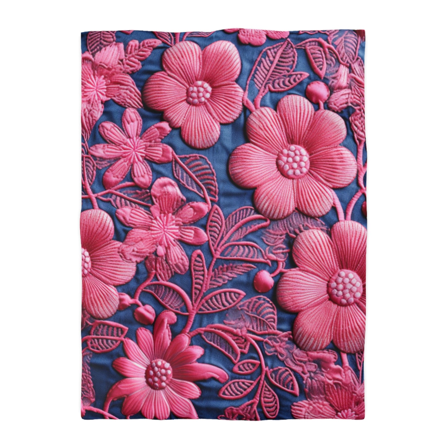 Denim Blue Doll Pink Floral Embroidery Style Fabric Flowers - Microfiber Duvet Cover