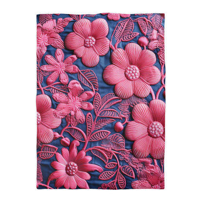 Denim Blue Doll Pink Floral Embroidery Style Fabric Flowers - Microfiber Duvet Cover