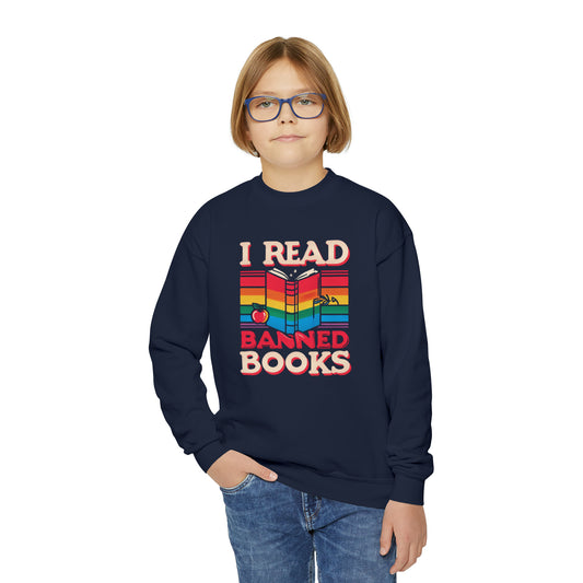 I Read Banned Books - School Edition with Rainbow Apple and Book Illustration - Youth Crewneck Sweatshirt