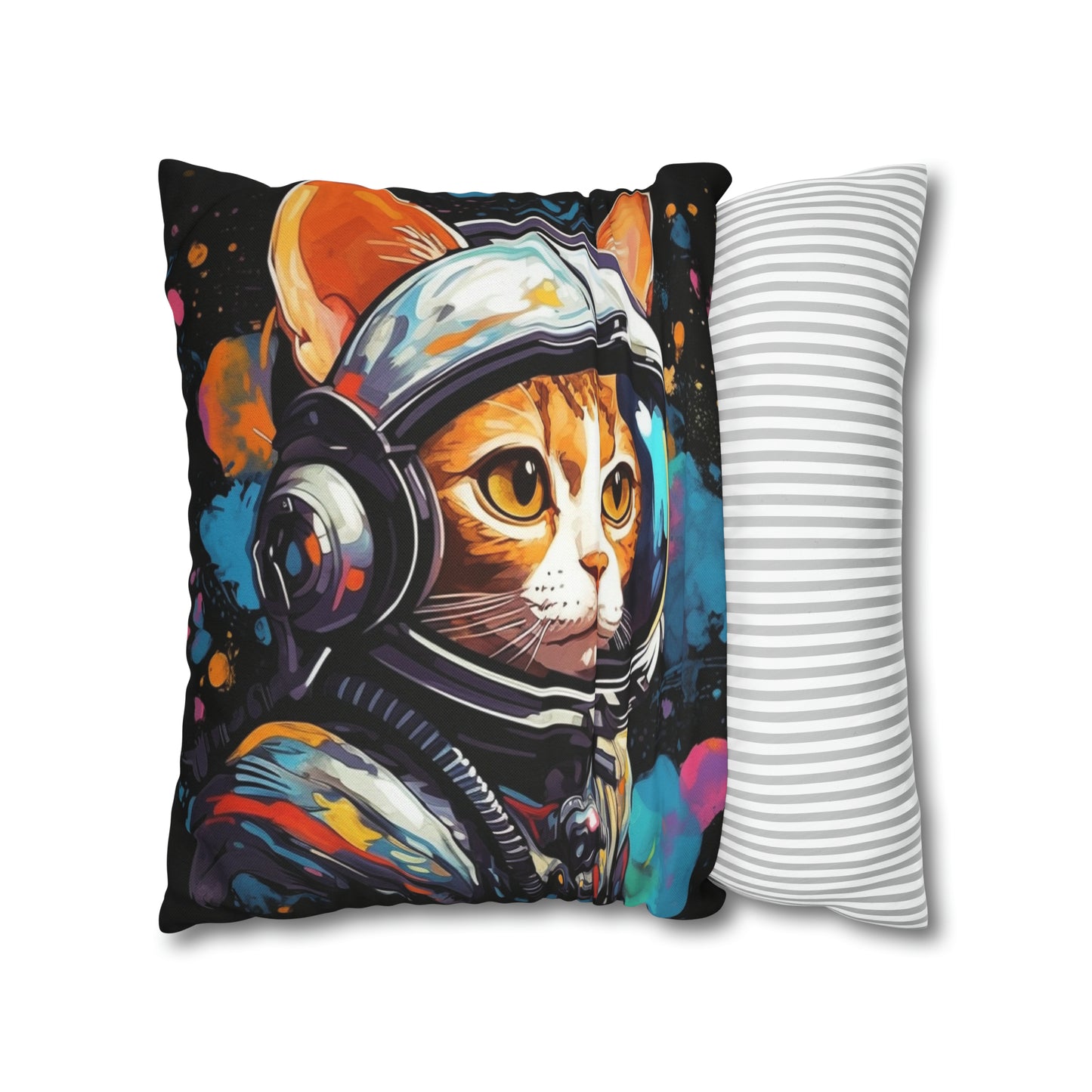 Astro Cat Adventure Feline - Pop Art, Floating in Cosmic Space - Spun Polyester Square Pillow Case