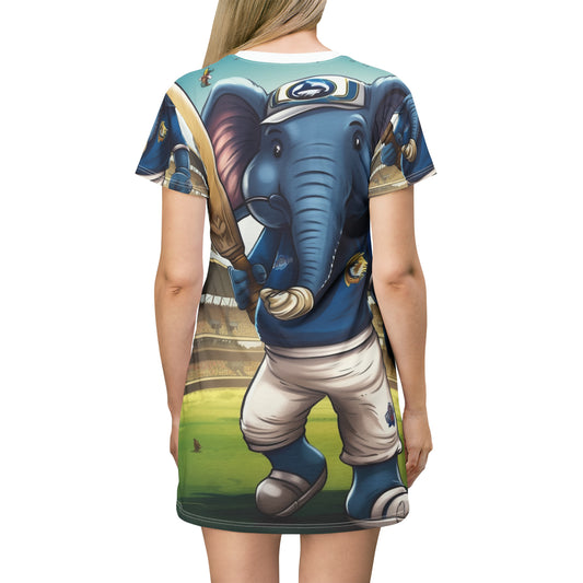 Estrella deportiva de críquet con elefante de la India: juego de lanzamiento, carrera y tocón - Encanto animado - Vestido tipo camiseta (AOP) 