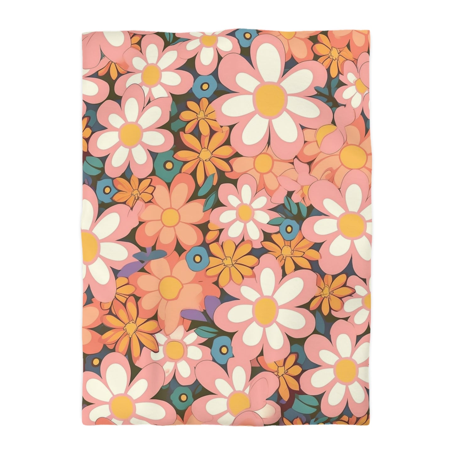 Groovy 1960s 1970s Pink & Orange Daisy Mod Floral - Microfiber Duvet Cover