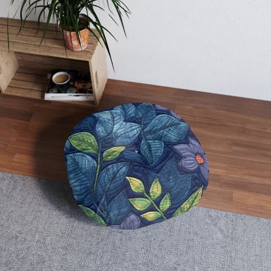 Floral Embroidery Blue: Denim-Inspired, Artisan-Crafted Flower Design - Tufted Floor Pillow, Round