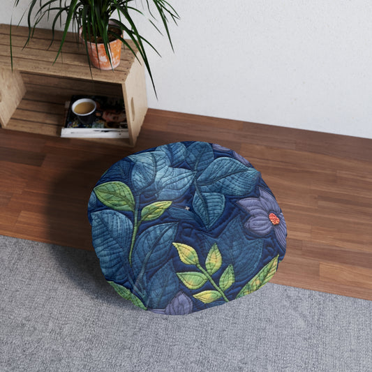 Bordado floral azul: diseño floral artesanal inspirado en la mezclilla - Almohada de piso capitoné, redonda 