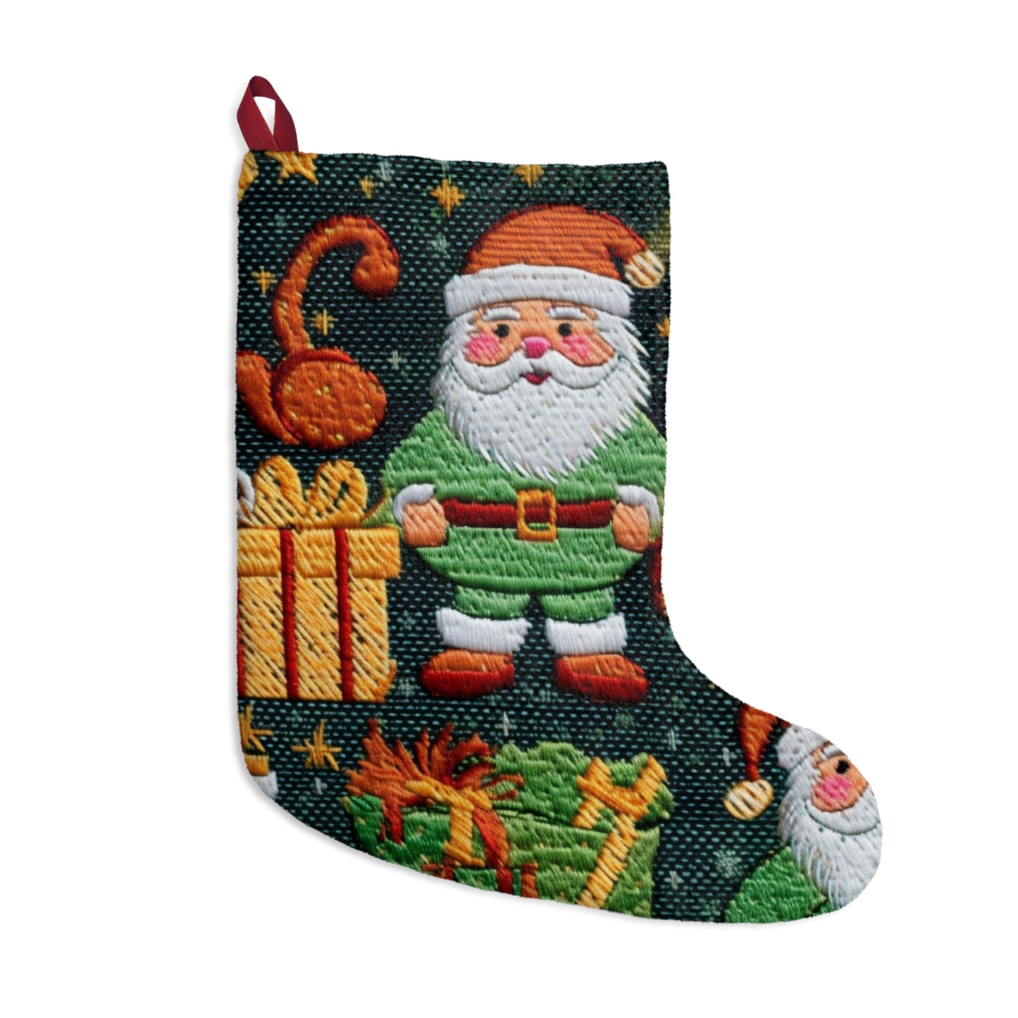 Christmas Santa Claus - Embroidered Presents - Festive Winter Wonderland - Deck the Halls Design - Christmas Stockings