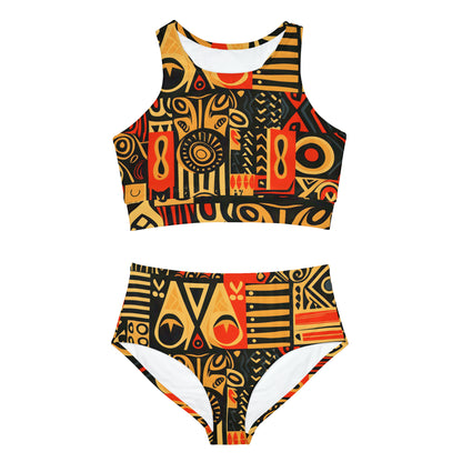 Tribal Art-Inspired Abstract Symbols, Heritage - Sporty Bikini Set (AOP)