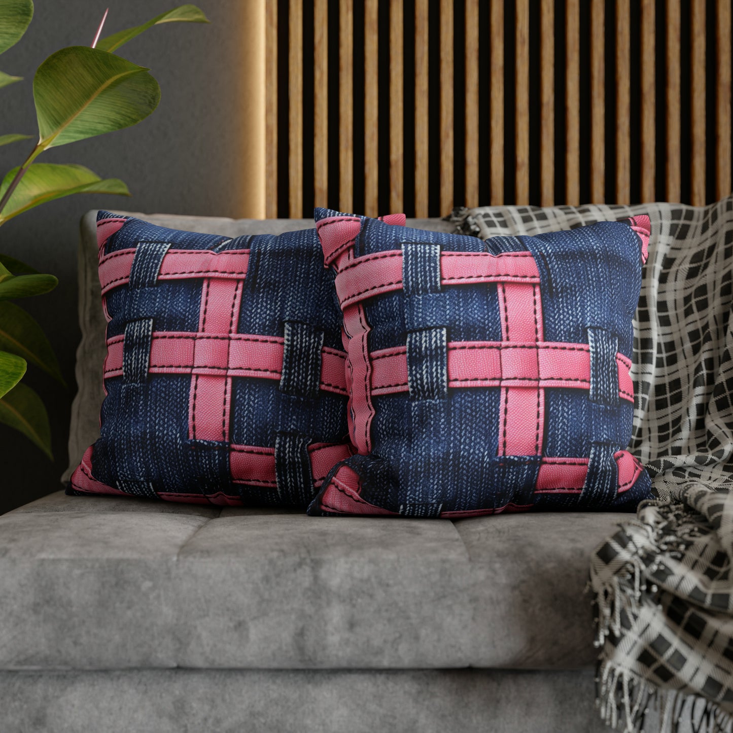 Candy-Striped Crossover: Pink Denim Ribbons Dancing on Blue Stage - Spun Polyester Square Pillow Case