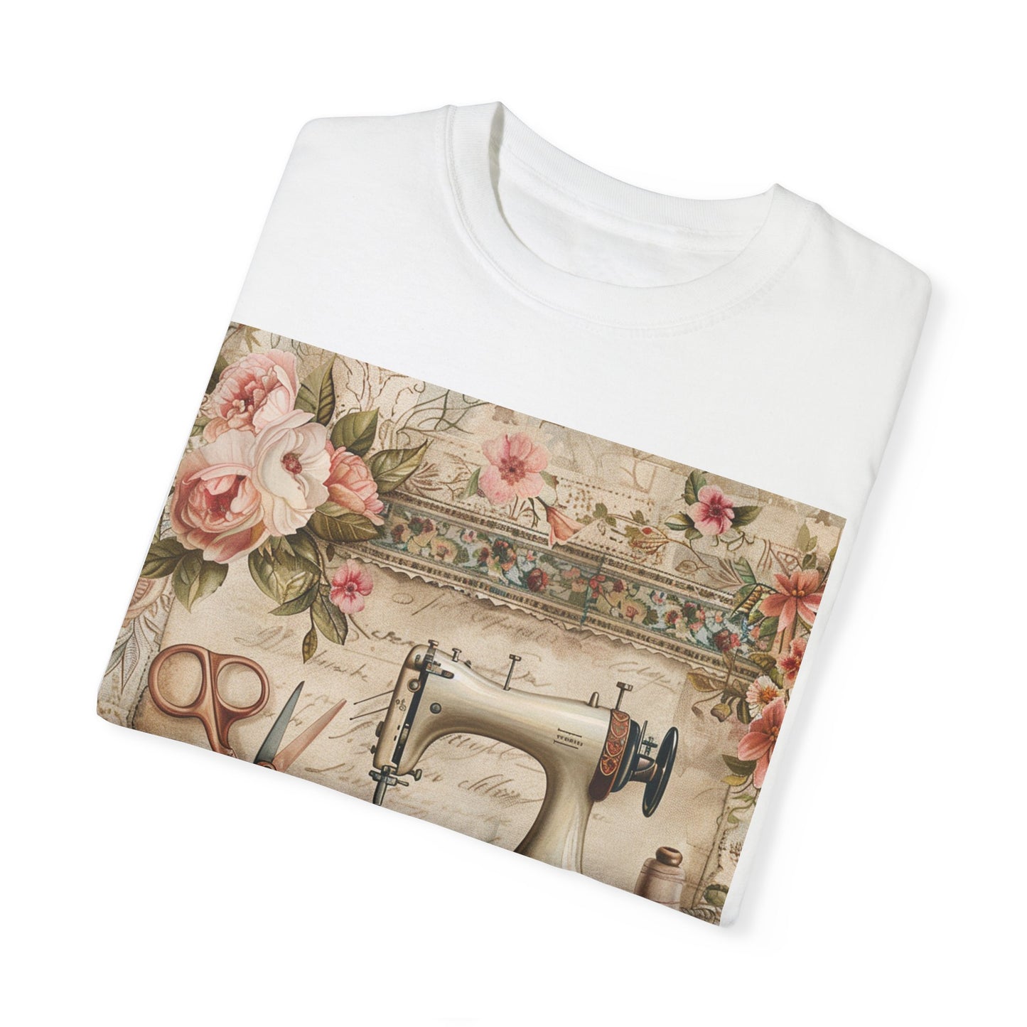 Classic Floral Sewing Ensemble: Vintage-Inspired with Antique Sewing Machine and Scissors - Unisex Garment-Dyed T-shirt