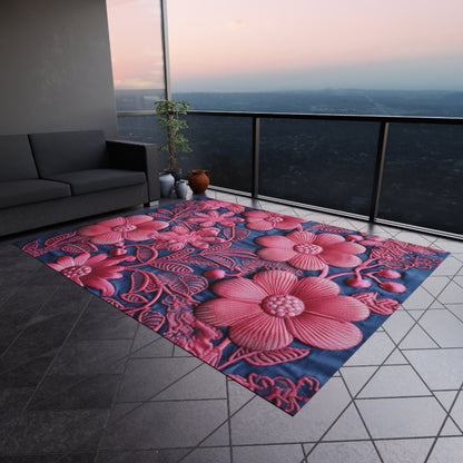 Denim Blue Doll Pink Floral Embroidery Style Fabric Flowers - Outdoor Rug