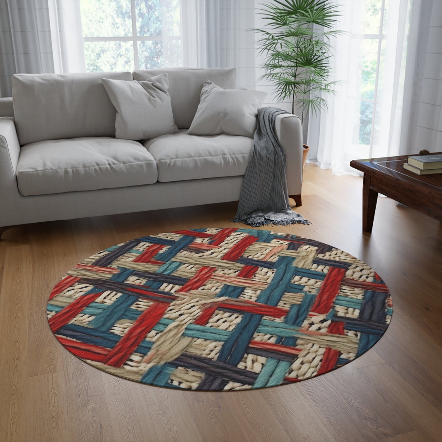 Colorful Yarn Knot: Denim-Inspired Fabric in Red, White, Light Blue - Round Rug