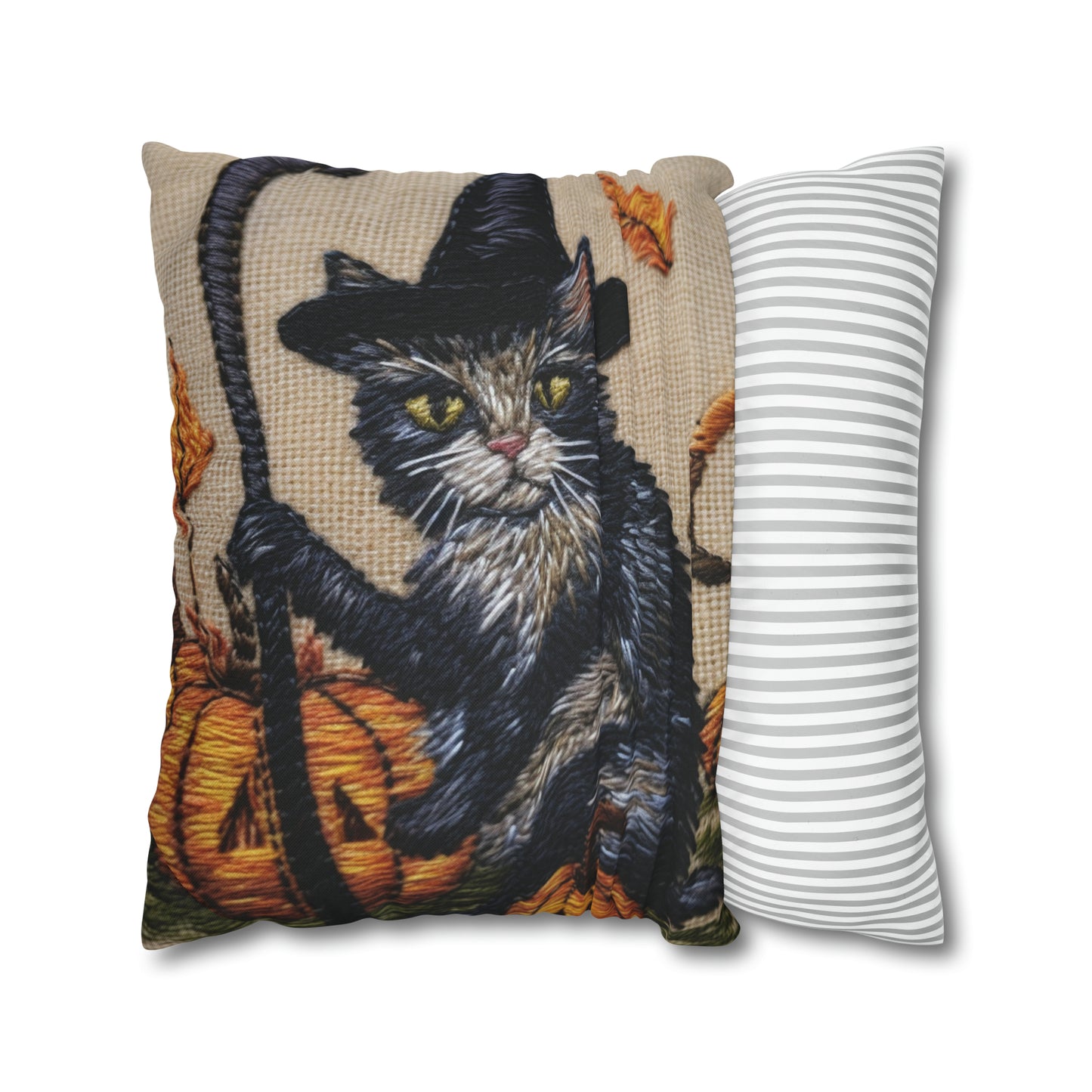 Halloween Cat Magic: Embroidered Style Feline with Pumpkins & Witch Hat - Spun Polyester Square Pillow Case