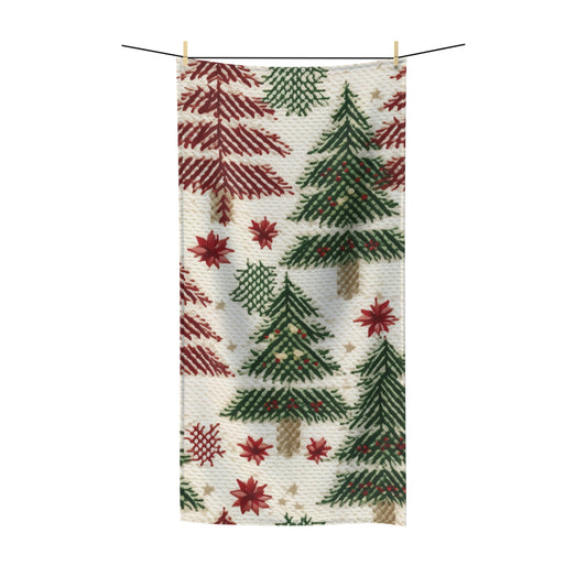 Embroidered Christmas Winter, Festive Holiday Stitching, Classic Seasonal Design - Polycotton Towel