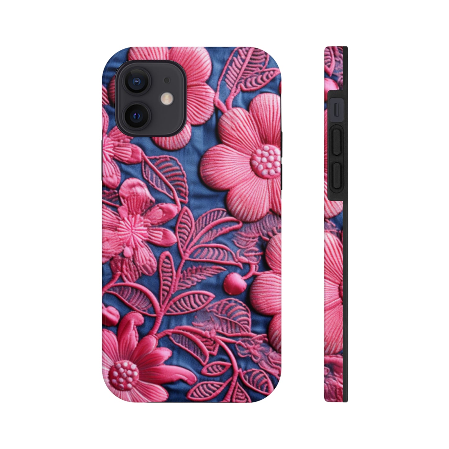 Denim Blue Doll Pink Floral Embroidery Style Fabric Flowers - Tough Phone Cases