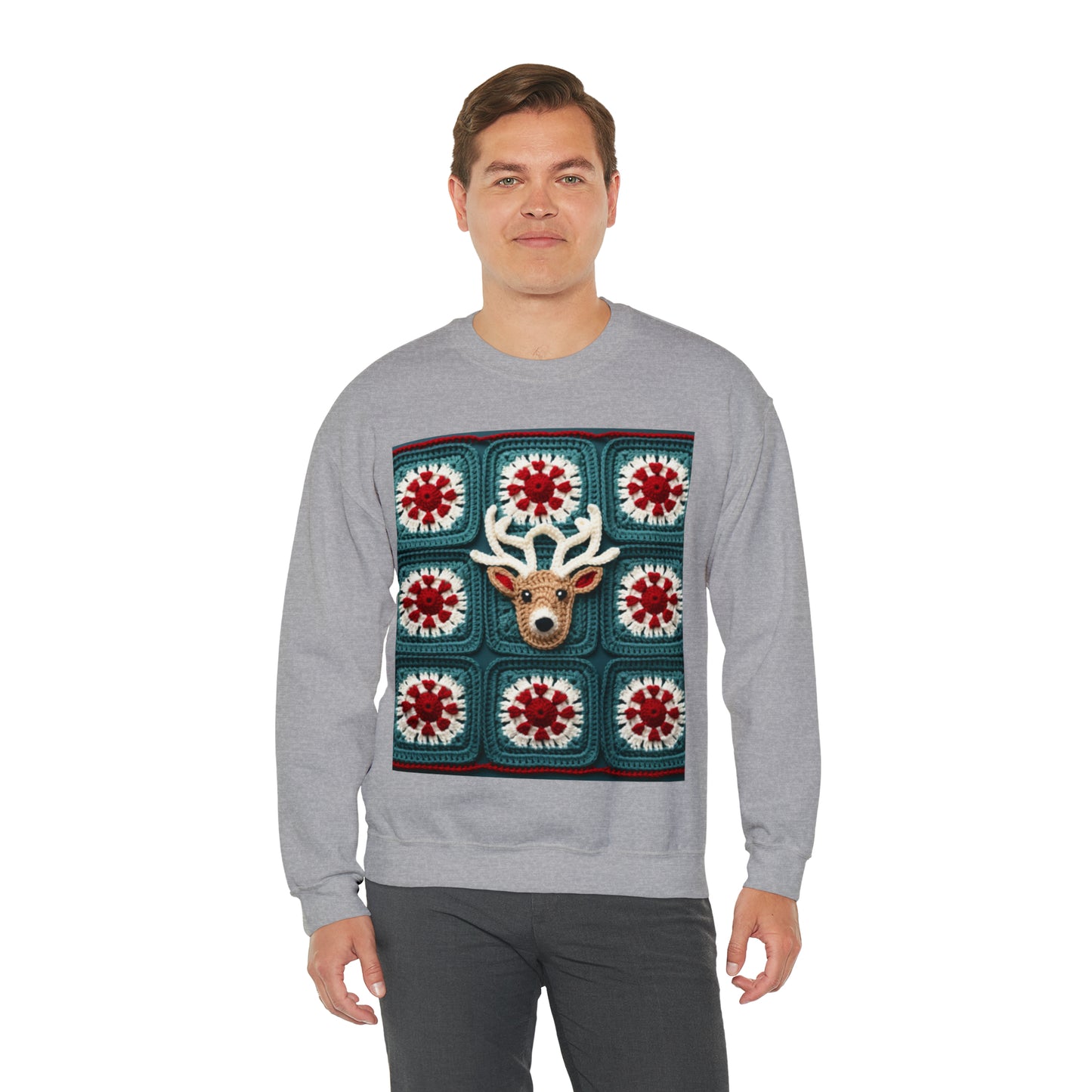 Christmas Reindeer Crochet, Wintry Wonderland Design, Festive Stag Motif. Embrace the Holiday Spirit - Unisex Heavy Blend™ Crewneck Sweatshirt