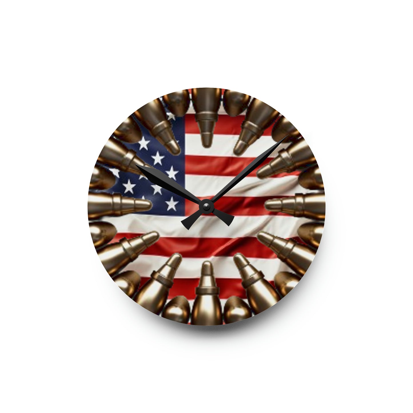 American Valor Acrylic Wall Clock - Patriotic Bullet Array, Non-Live Ammunition, Stars and Stripes Display, Heroic USA Timepiece