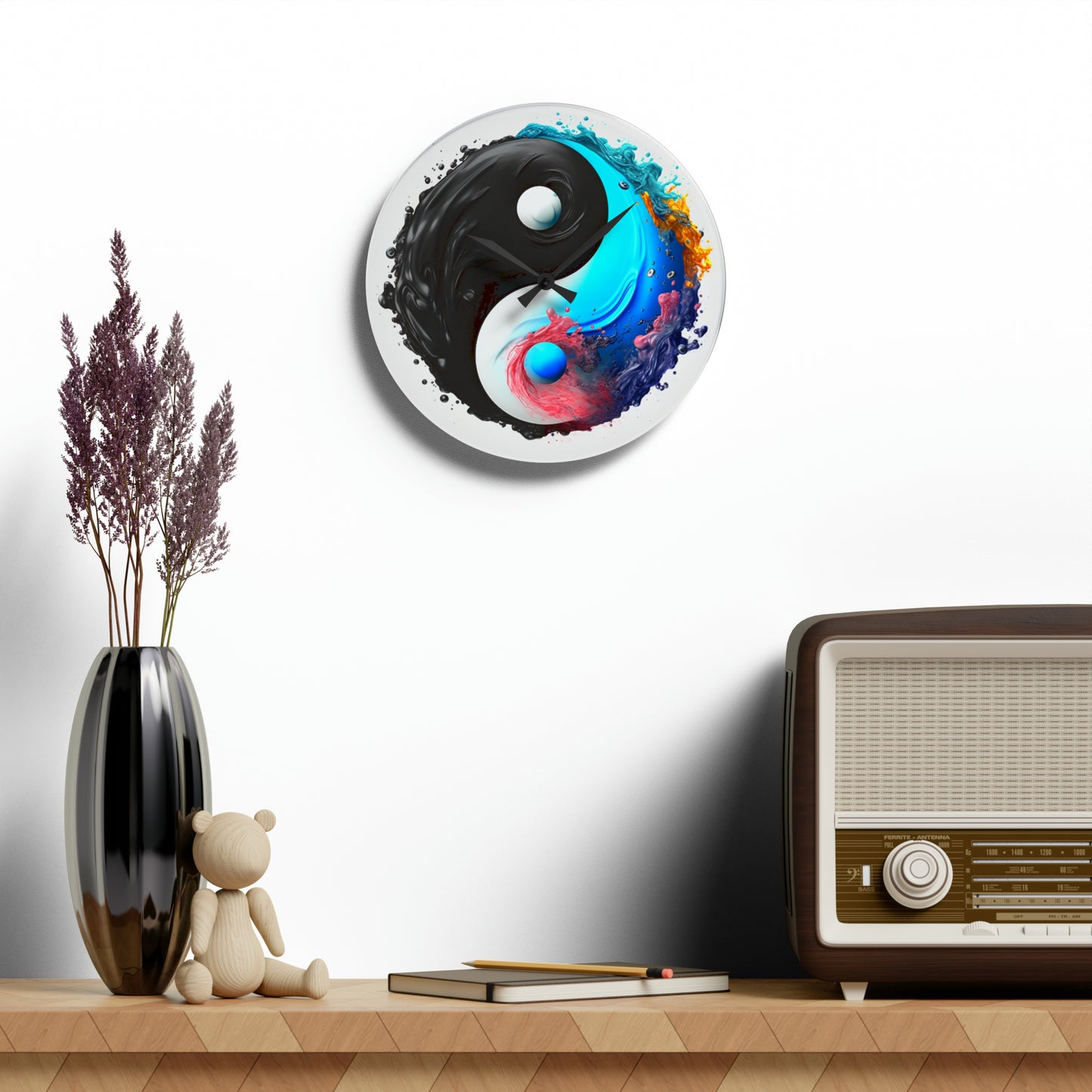 Yin Yang Symbol, Colorful Paint Style - Artistic Decor - Acrylic Wall Clock