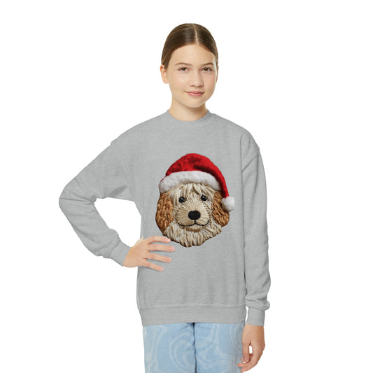 Chenille Dog Embroidered Patch - Christmas Puppy with Santa Hat - Youth Crewneck Sweatshirt